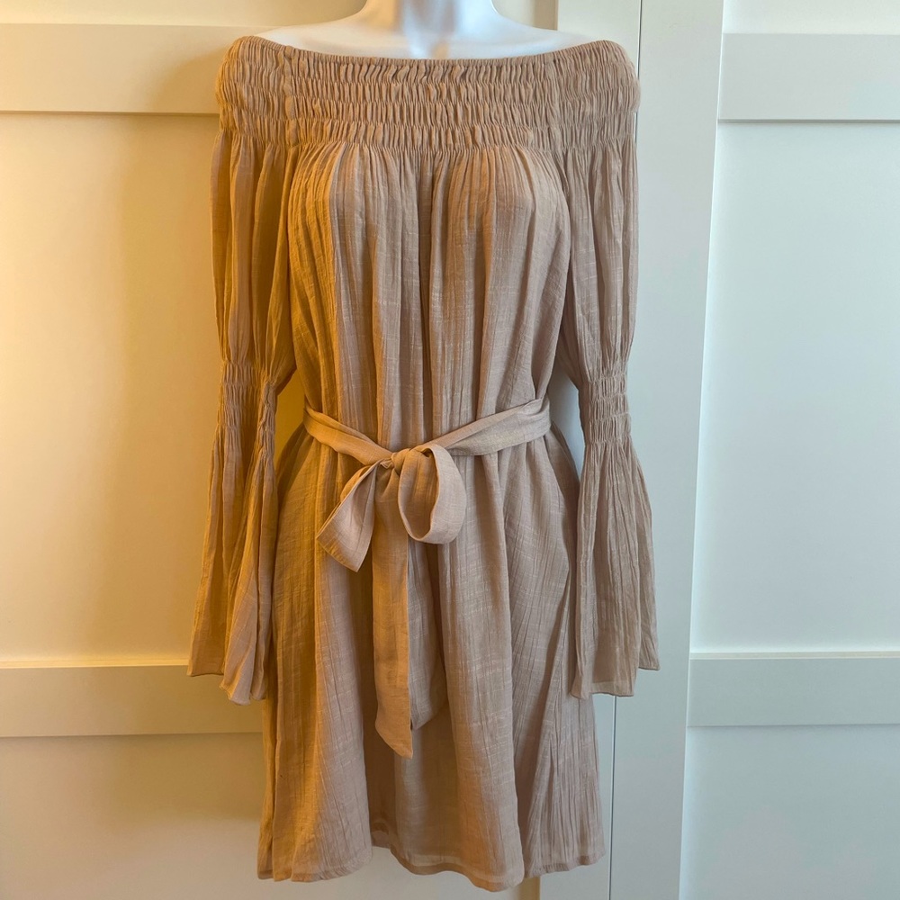 Union of Angels off the shoulder tan dress small